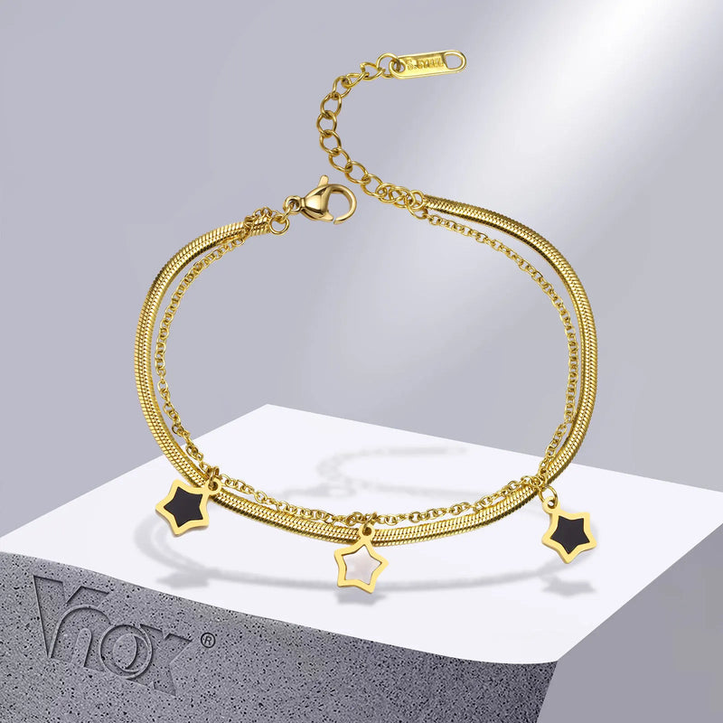 Women's Double Chains Bracelets with Stars Charm, Stainless Steel Links Gift