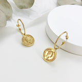 Elizabeth Coin Hoop Earrings, Stainless Steel Round Drop Dangle Ear Jewelry