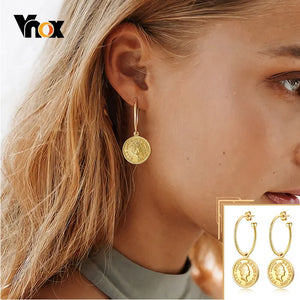 Elizabeth Coin Hoop Earrings, Stainless Steel Round Drop Dangle Ear Jewelry