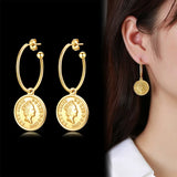 Elizabeth Coin Hoop Earrings, Stainless Steel Round Drop Dangle Ear Jewelry