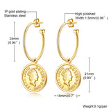 Elizabeth Coin Hoop Earrings, Stainless Steel Round Drop Dangle Ear Jewelry