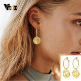 Elizabeth Coin Hoop Earrings, Stainless Steel Round Drop Dangle Ear Jewelry