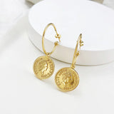 Elizabeth Coin Hoop Earrings, Stainless Steel Round Drop Dangle Ear Jewelry