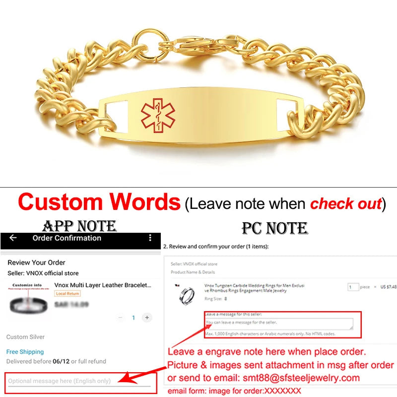 Medical Condition Men Bracelet Anti Allergy Stainless Steel Type 2 Diabetes COPD