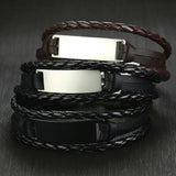 Men's Leather Bracelet Stainless Steel Bar Engraved Name