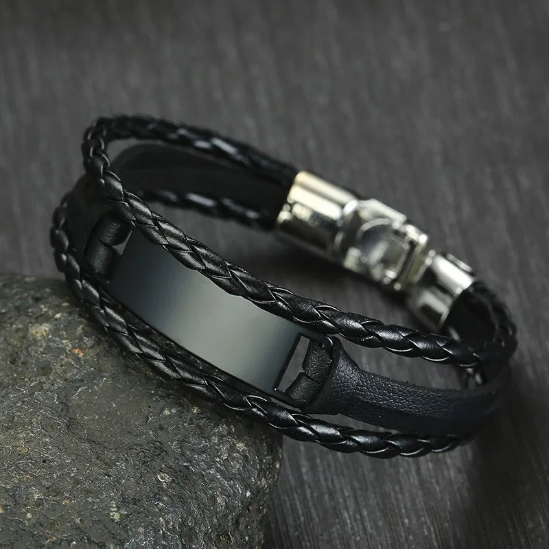 Men's Leather Bracelet Stainless Steel Bar Engraved Name