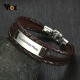 Men's Leather Bracelet Stainless Steel Bar Engraved Name