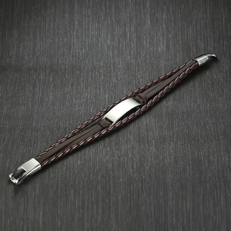 Men's Leather Bracelet Stainless Steel Bar Engraved Name