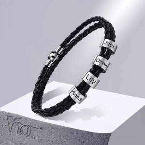 Personalized Men's Leather Bracelet with Family Names, Stainless Steel Beads