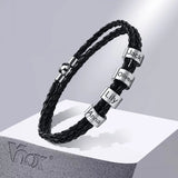 Personalized Men's Leather Bracelet with Family Names, Stainless Steel Beads