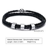 Personalized Men's Leather Bracelet with Family Names, Stainless Steel Beads