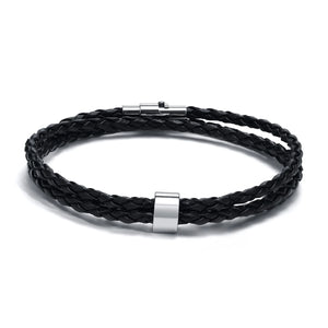 Personalized Men's Leather Bracelet with Family Names, Stainless Steel Beads