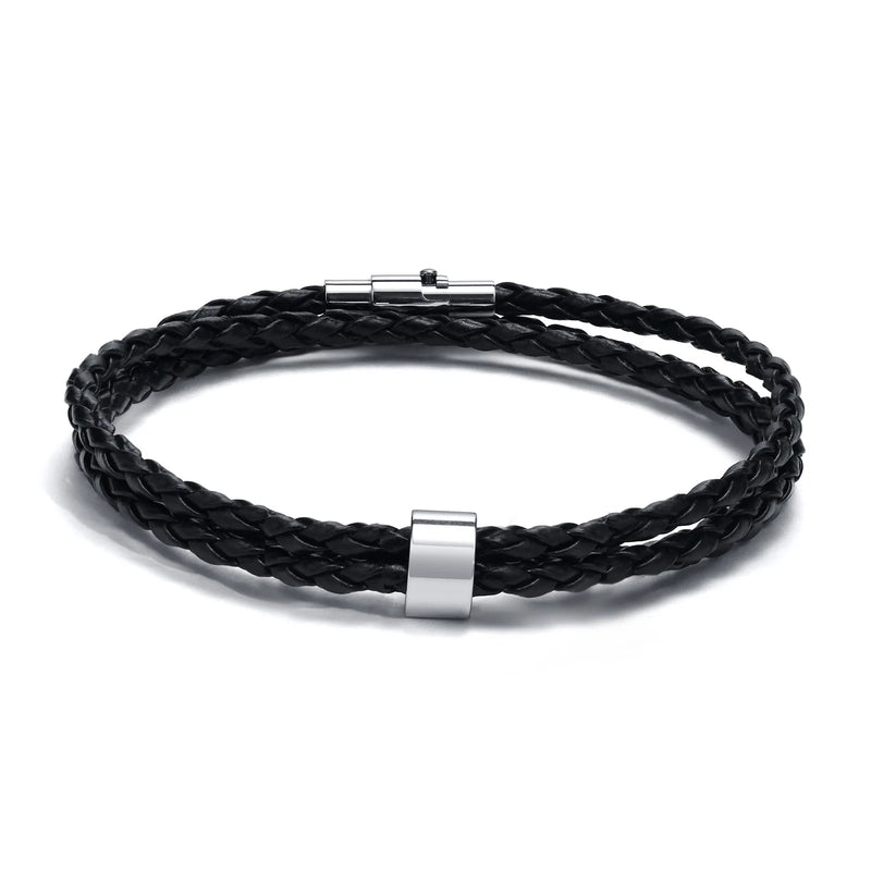 Personalized Men's Leather Bracelet with Family Names, Stainless Steel Beads