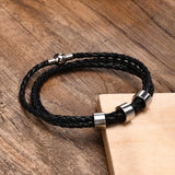 Personalized Men's Leather Bracelet with Family Names, Stainless Steel Beads