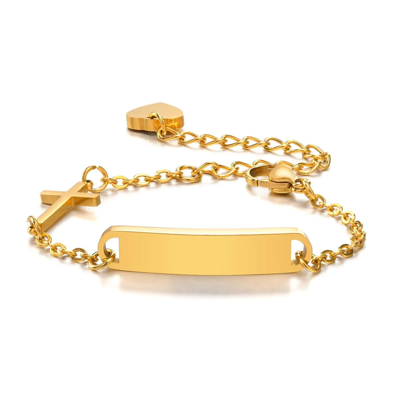 Engraved Newborn Bracelet, Stainless Steel Bangle with Cross Charm