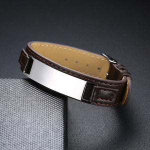 Customize Men's Bracelet 16mm Leather Band & Stainless Steel ID Bar