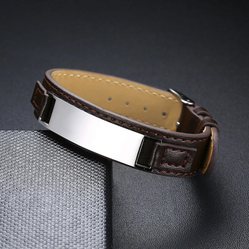 Customize Men's Bracelet 16mm Leather Band & Stainless Steel ID Bar