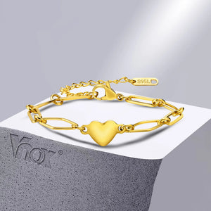 Stainless Steel Heart Charm Bracelet for Women - Geometric Link Chain