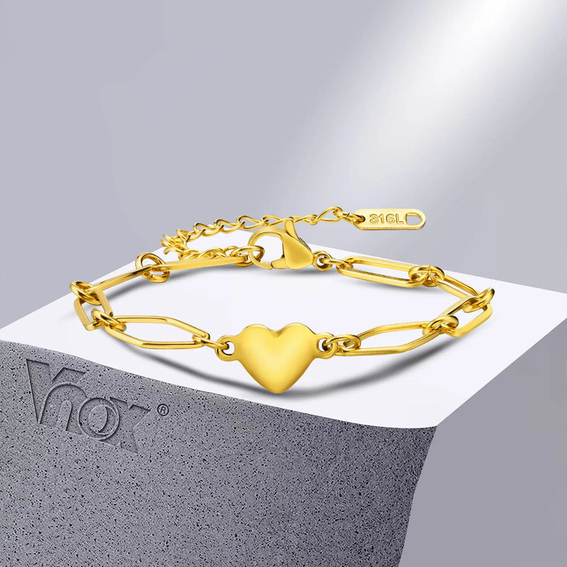 Stainless Steel Heart Charm Bracelet for Women - Geometric Link Chain