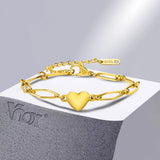 Stainless Steel Heart Charm Bracelet for Women - Geometric Link Chain