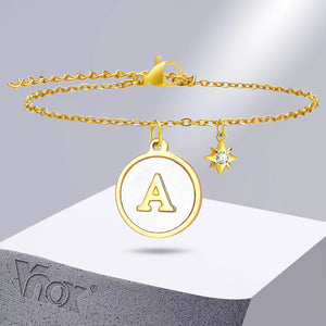 Alphabet Coin Charm Bracelet Stainless Steel Star Wristband