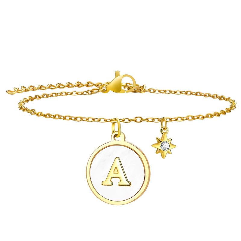 Alphabet Coin Charm Bracelet Stainless Steel Star Wristband