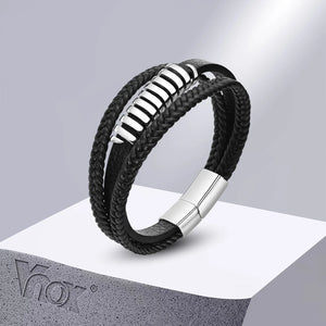 Men's Layered Leather Bracelet with Stainless Steel Charm, Wristband