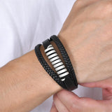 Men's Layered Leather Bracelet with Stainless Steel Charm, Wristband