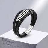 Men's Layered Leather Bracelet with Stainless Steel Charm, Wristband