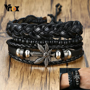 Leaf Charm Bracelets Set, Brown Braided Leather Wristband, Holiday Bangle