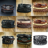 Leaf Charm Bracelets Set, Brown Braided Leather Wristband, Holiday Bangle