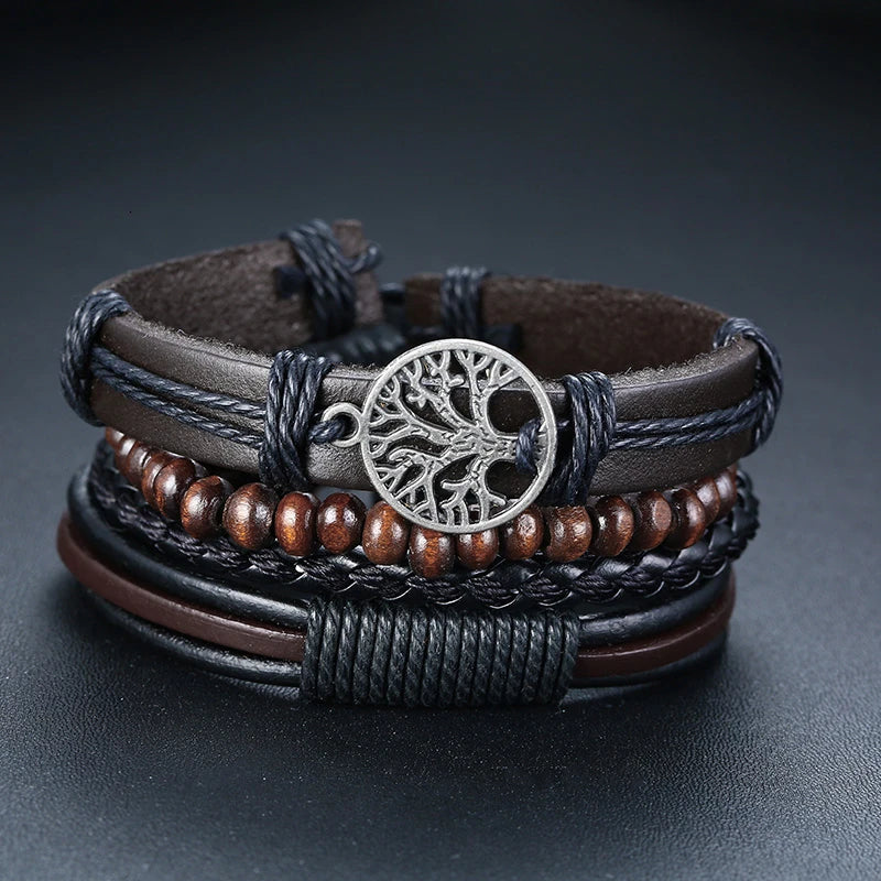 Leather Bracelet Set Men Women Casual Rudder Star Charm Wristband