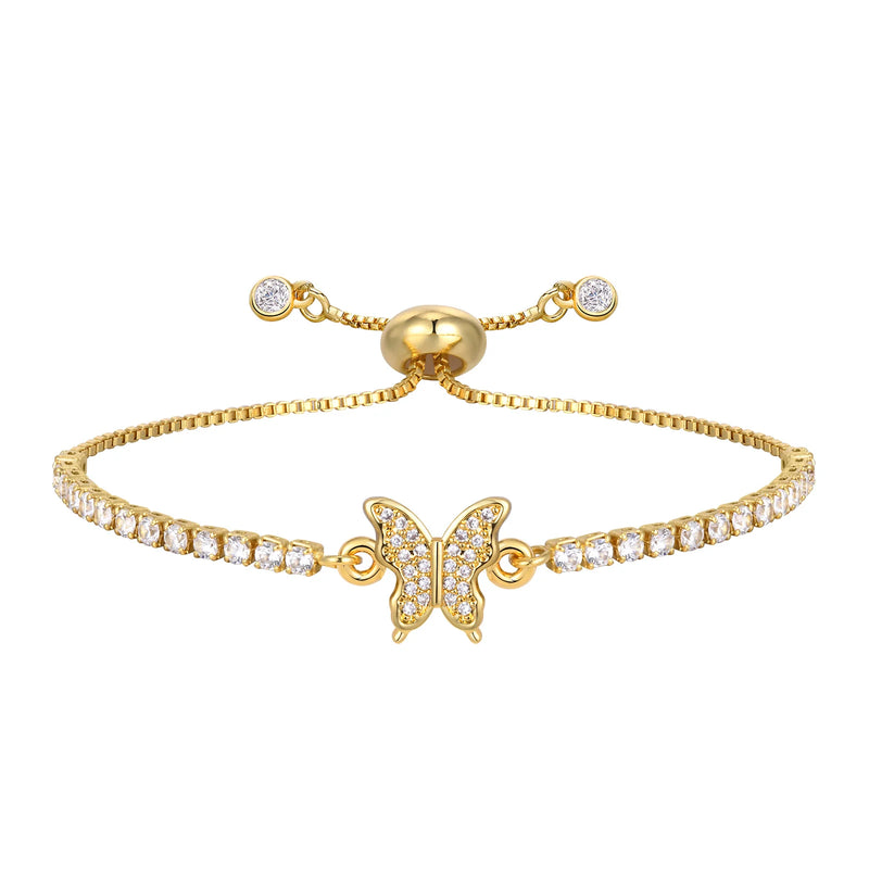 CZ Stone Tennis Chain Bracelet with Gold Butterfly Charm
