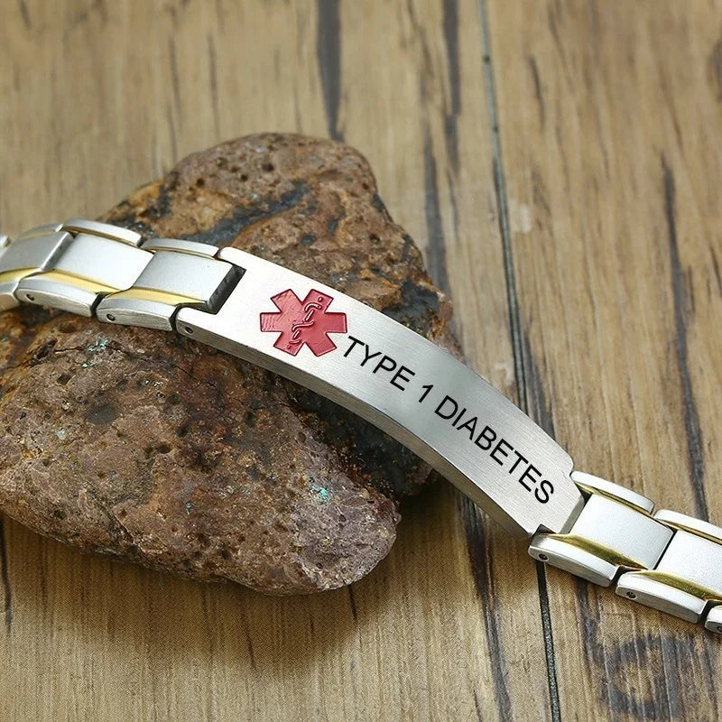 Men's TYPE 1 DIABETES ID Bracelet Stainless Steel Chain Pain Relief