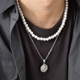 Men Layered Necklaces, Simulated Pearl Beads Choker with Guide Compass Pendant