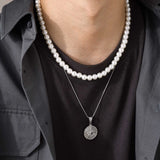 Men Layered Necklaces, Simulated Pearl Beads Choker with Guide Compass Pendant