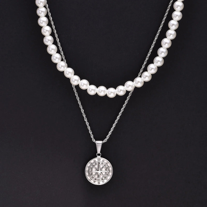 Men Layered Necklaces, Simulated Pearl Beads Choker with Guide Compass Pendant