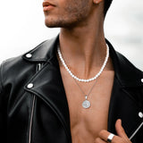 Men Layered Necklaces, Simulated Pearl Beads Choker with Guide Compass Pendant