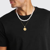 Men Layered Necklaces, Simulated Pearl Beads Choker with Guide Compass Pendant