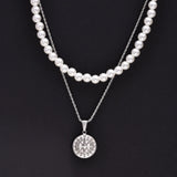Men Layered Necklaces, Simulated Pearl Beads Choker with Guide Compass Pendant