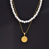Men Layered Necklaces, Simulated Pearl Beads Choker with Guide Compass Pendant