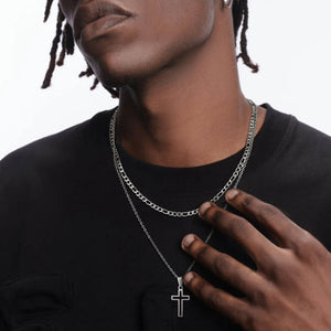 Men Layering Cross Necklace, Hollow Pendant, Cuban Chain, 2pcs Collar Set