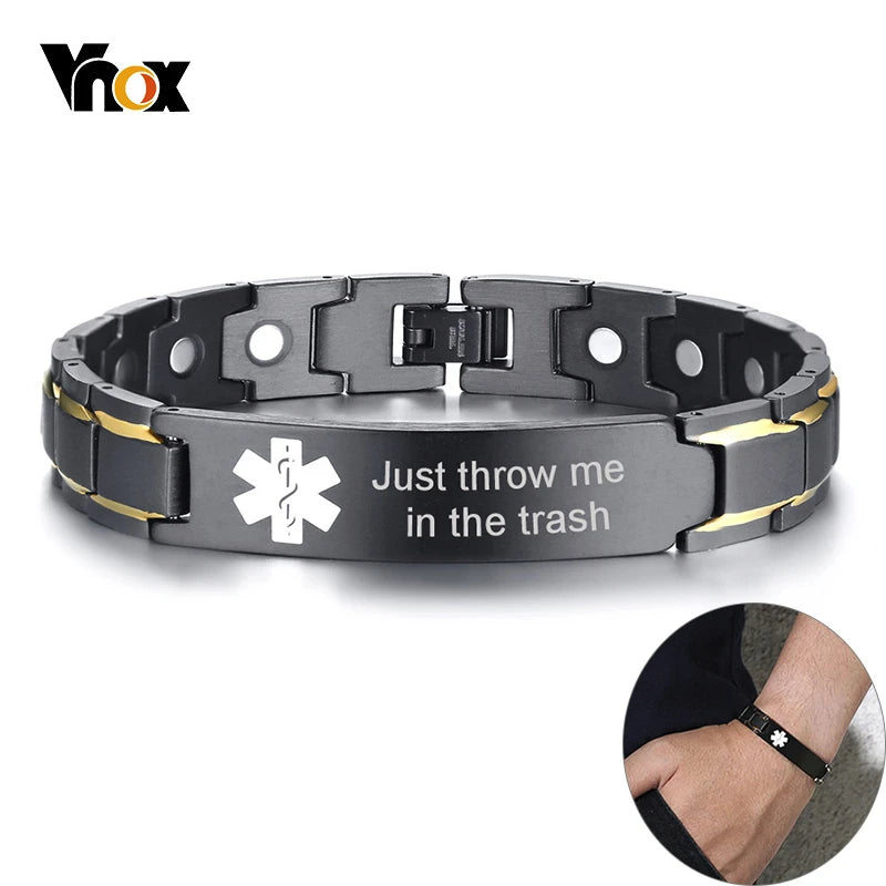 Men Medical Alert ID Bracelet Stainless Steel Pain Relief Bangle