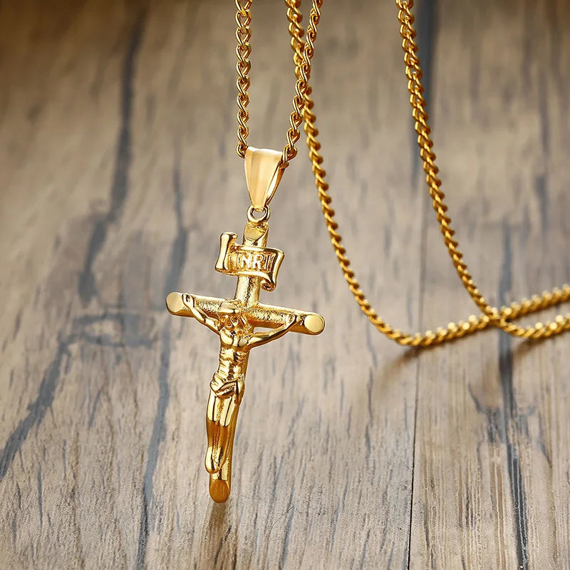 Men's Catholic Cross Pendant Necklace, Stainless Steel Christ Prayer Jewelry