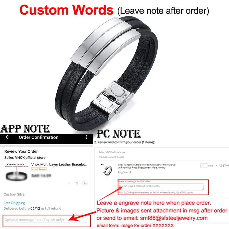 Men's Multi-Layer Leather Bracelet Engrave Name Love Friendship ICE Info