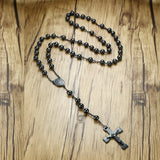 Men's Bead Rosary Cross Necklace Stainless Steel Jesus Christ Charm