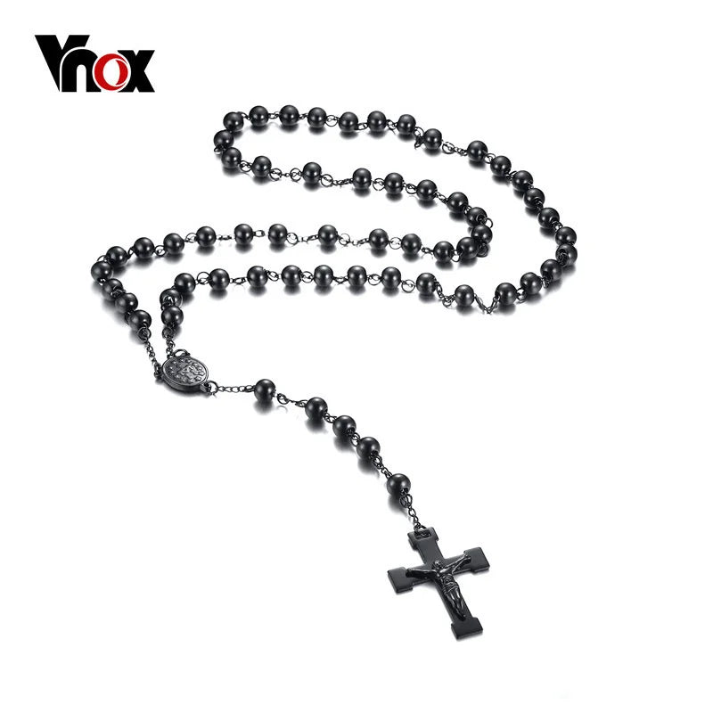 Men's Bead Rosary Cross Necklace Stainless Steel Jesus Christ Charm