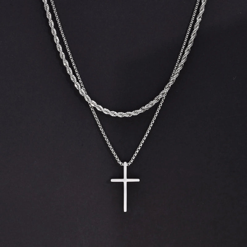 Mens Stainless Steel Cross Pendant Necklace, Rope Chain, Prayer Jesus Collar