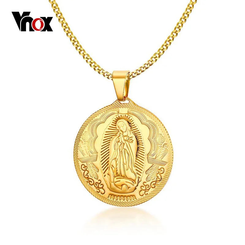 Mother of God Necklace Pendant Gold-color Stainless Steel Christian Jewelry
