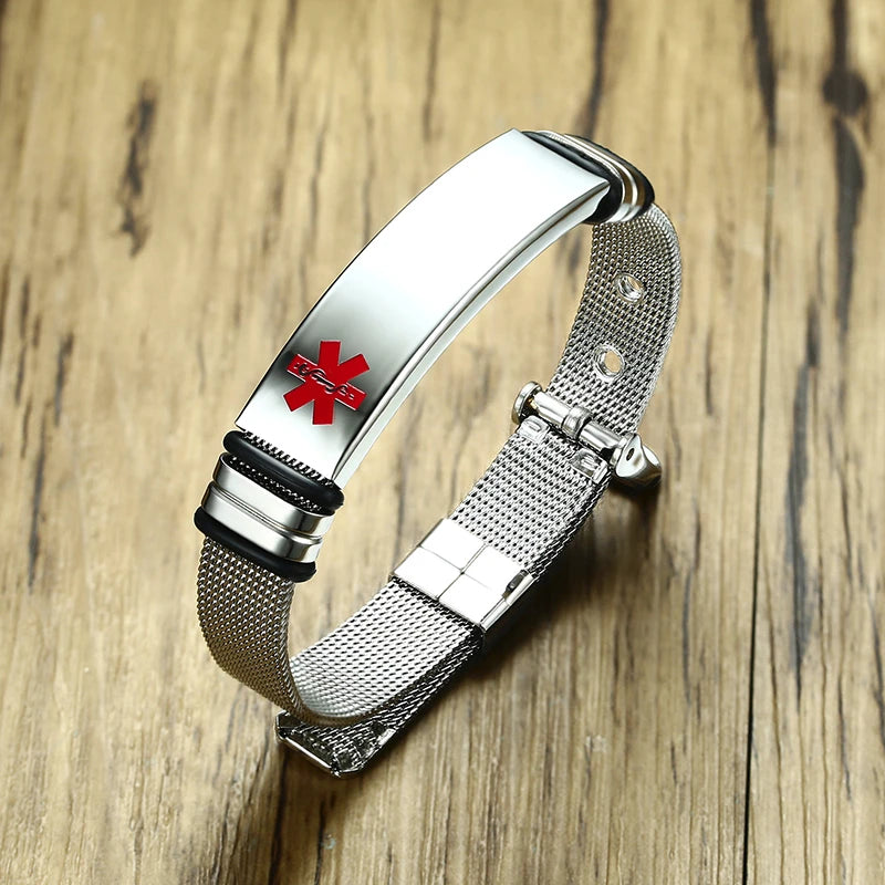 Customizable Medical Alert ID Bracelet Mesh Band Watch Type 1 Diabetes